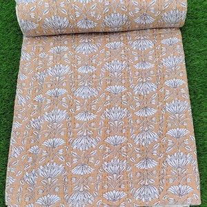 Handmade Kantha Quilt | Mustard Floral Block Print Blanket | Cotton Throw Quilt | Lightweight Bedspread | Indian Kantha Blanket