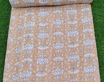 Beige Floral Kantha Quilt, Handmade Cotton Block Print Bedspread, Indian Floral Kantha Blanket, Boho Bedding Throw,