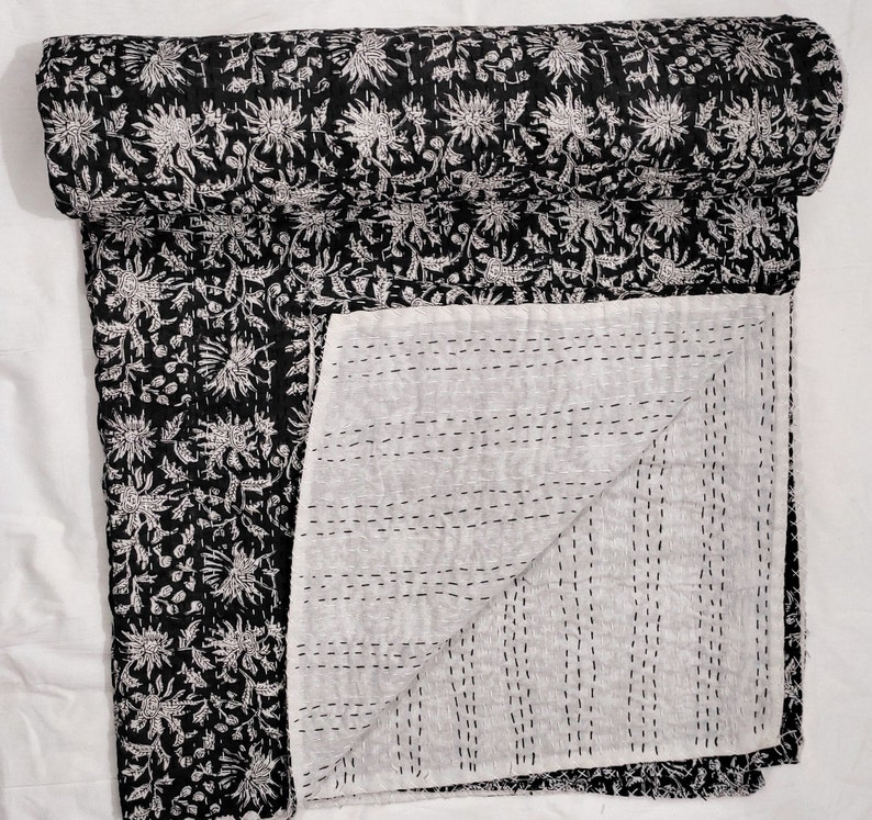 Black and White Floral Quilt for Sale Quilt Kantha Quilt Queen Etsy