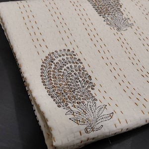 White Floral Block Print Indian Kantha Quilt, Handmade Cotton Bedspread, Natural Dye Hand Stitched Bedspread for Calm Boho Decor