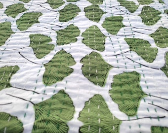 Green Leaf Kantha Quilt, Botanical Cotton Bedspread, Handmade Block Print Blanket, Minimalist Boho Bedding Throw