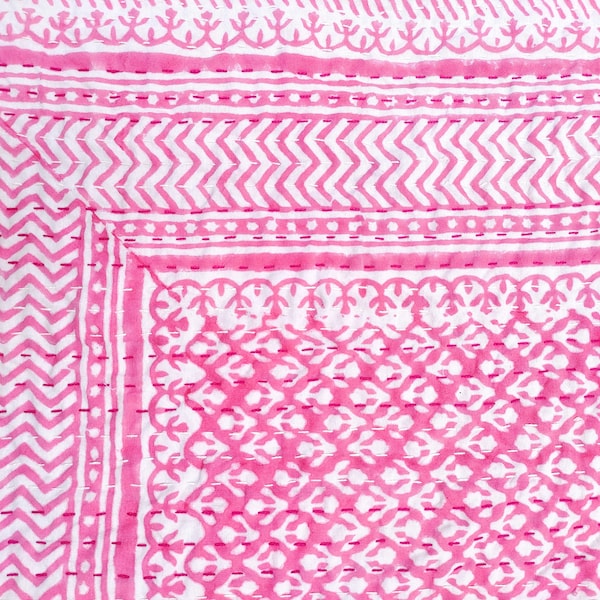 Pink Kantha King Indian Pink Summer and Winter Bedspreads Summer Love Quilt Queen Handblock Pink and White Quilt Handmade Kantha Indian Home