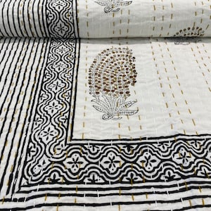 Black Brown Indian Kantha Quilt, Floral Stripe Block Print Throw, Handmade Cotton Blanket Twin Queen, Indian Bedspread, Boho Minimal Bedding