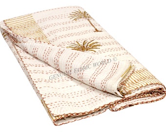 Block Print Kantha Quilt Cream Palm Tree – Handmade Cotton Bedspread, Lightweight Boho Bedding Throw for Modern Home Decor