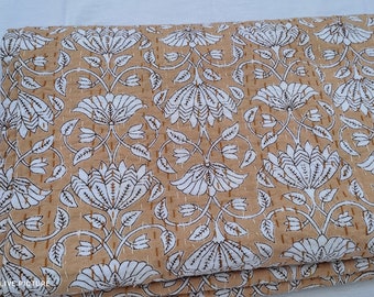 Handmade Mustard Floral Block Print Kantha Quilt Cotton Bedspread Handmade Quilt Lightweight Boho Bedding Artisan Blanket India