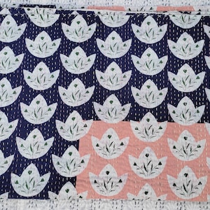 Navy Blue Peach Kantha Quilt Handmade Cotton Bedspread | White Lotus Floral Block Print Blanket | Modern Boho Bedding Throw | Twin Size