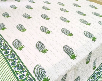 Kantha Quilt Green and White Quilt Comforter queen size green quilt  Bedspread Kantha Quilt Bedspread Indian Green Floral green queen sized