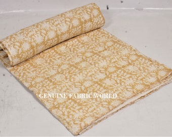 Mustard Yellow Kantha Quilt, Handmade Cotton Floral Bedspread, Reversible Throw Blanket, Indian Boho Bedding, Block Print Quilt Coverlet