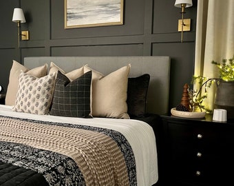 Black & White Floral Kantha Quilt: Queen Size Indian Cotton Bedspread