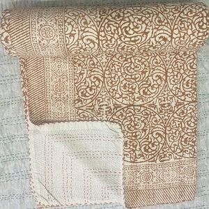 Terracotta Brown Indian Block Print Kantha Quilt | Hand Block Print Cotton Bedspread | Kantha Blanket | Rustic Boho Farmhouse Bedding Throw