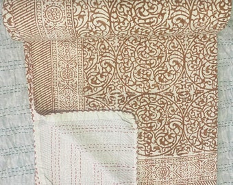 Terracotta Brown Indian Block Print Kantha Quilt | Hand Block Print Cotton Bedspread | Kantha Blanket | Rustic Boho Farmhouse Bedding Throw