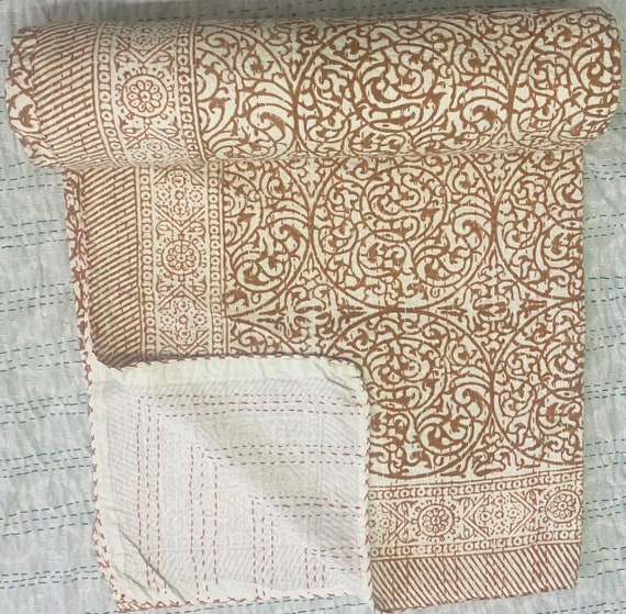 Terracotta Brown Indian Block Print Kantha Quilt | Hand Block