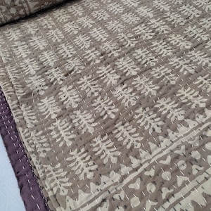 Brown Indian Hand Block Print Kantha Quilt, Handmade Block Print Blanket, Rustic Cotton Bedspread, Boho Throw, Farmhouse Bedding Coverlet