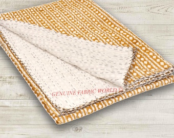 Jeté indien jaune moutarde imprimé bloc kantha couette fait main coton ferme bohème couvre-lit Jaipur Inde literie