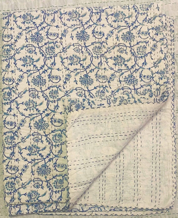 Handmade Blue Floral Block Print Kantha Quilt, Cotton Indian Bedspread, Artisan Hand Stitched Throw, Vintage Home Decor