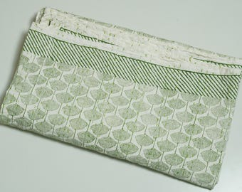 Puede incluir: Edredón plegado con estampado blanco y verde. El edredón presenta un diseño de hojas de ginkgo verde repetido, con un borde a rayas y un borde superior texturizado. El edredón está doblado cuidadosamente, mostrando el patrón.