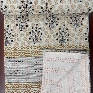 Handmade Black and Gold Block Print Indian Kantha Quilt – Cotton Bedding  Blanket, Boho Floral Coverlet, Indian King Queen Bedspread
