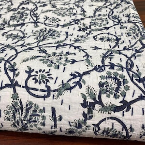Navy Floral Handmade Block Print Kantha Quilt | Hand Block Print Cotton Bedspread | Indian Throw Blanket | Boho Bedding Coverlet