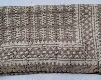 Taupe Tribal Kantha Quilt Handmade Cotton Bedspread Geometric Block Print Bedding Boho Farmhouse Quilt