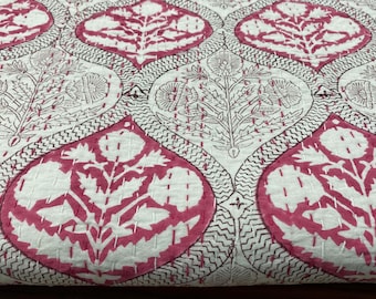 Pink Block Print Kantha Quilt, Handmade Cotton Bedspread, Reversible Floral Throw Blanket, Boho Indian Quilt
