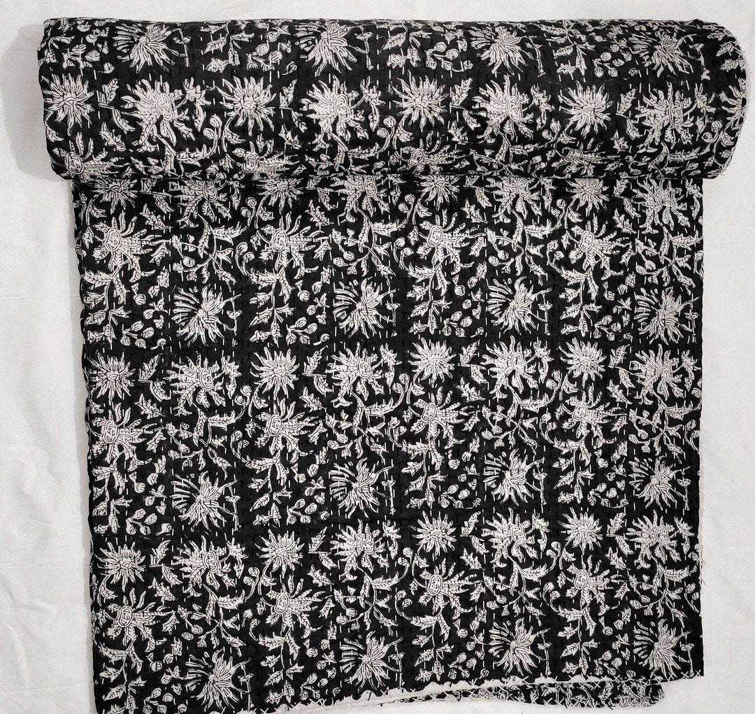 Black and White Floral Quilt for Sale Quilt Kantha Quilt Queen Black