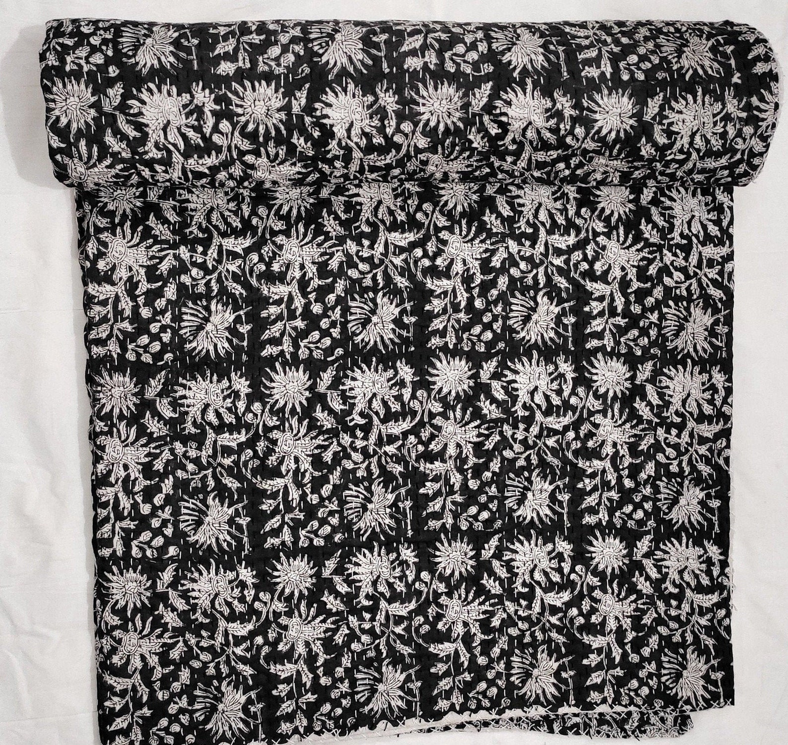 Black Kantha Quilt Kantha Quilt Throw Kantha Quilt Queen White Indian