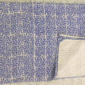 Blue Floral Kantha Quilt | Handmade Block Print Cotton Bedspread | Coastal Boho Bedding | Lightweight Reversible Throw Blanket Coverlet