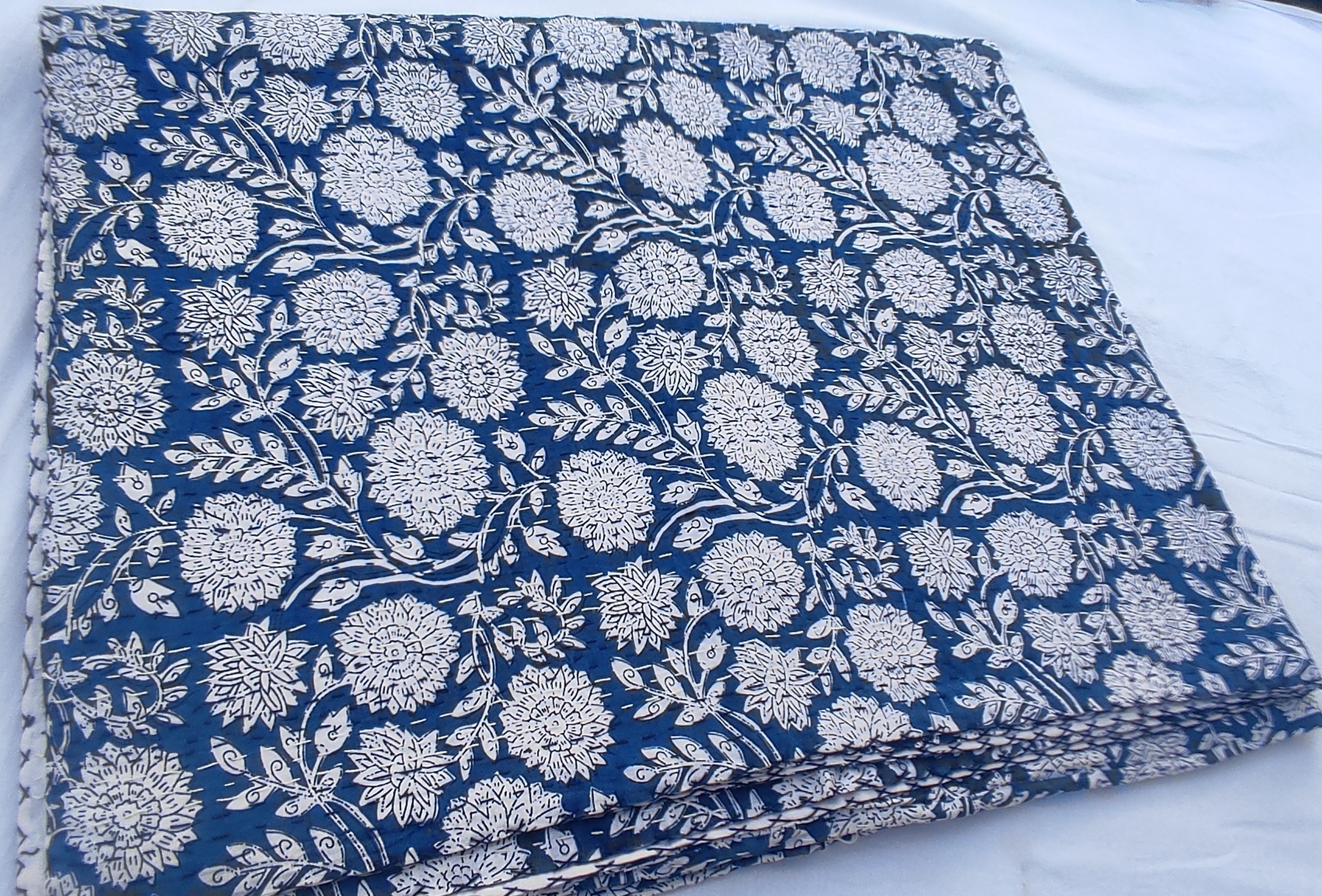 Blue Floral Kantha Quilt: Hand-Stitched Cotton Bedspread