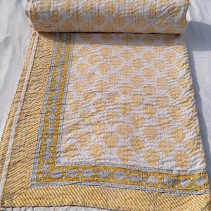 Gelbes Blatt Kantha Quilt, Handgemachte Baumwolle Tagesdecke, Indischer Block Print Decke, Wende Boho Bettwäsche Überwurf Senf Floral Quilt Tagesdecke