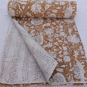 Brown White Floral Indian Kantha Quilt | Handmade Cotton Bedspread | Rustic Farmhouse Bedding | Boho Reversible Blanket Vintage Style Throw