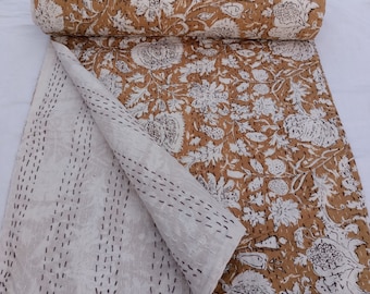 Beige Floral Kantha Quilt Handmade Cotton Neutral Block Print Bedspread