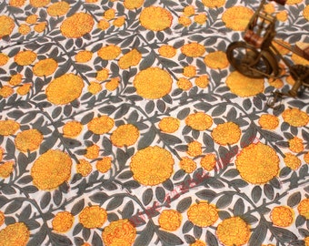 Yellow Marigold Block Print Fabric, Handmade Indian Cotton Fabric by Yard, Floral Boho Upholstery Textile, Botanical Sewing Fabric