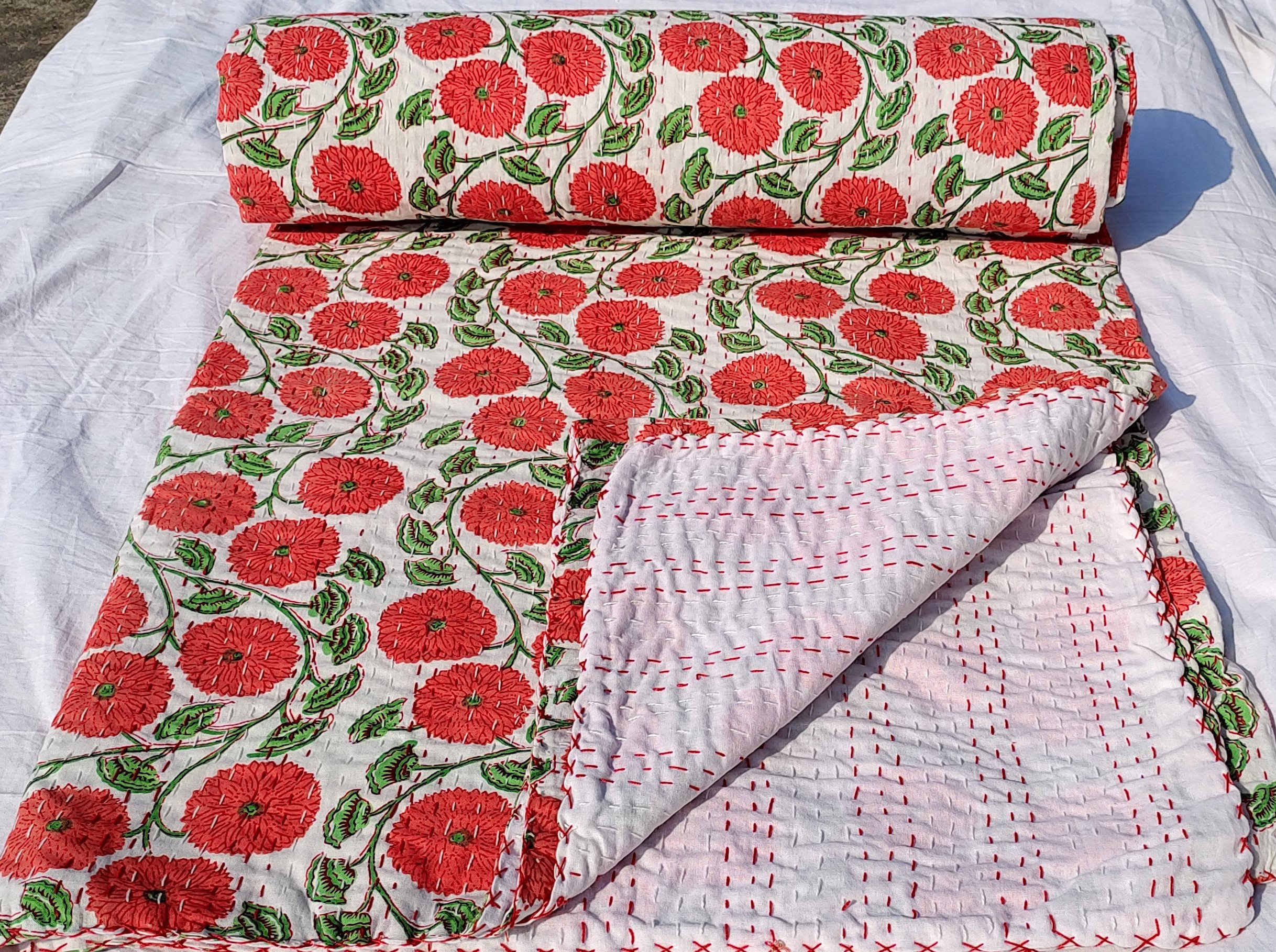 Rust Orange Floral Kantha Quilt | Handmade Cotton Block Print Bedspread ...
