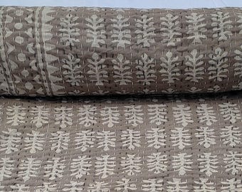 Grey White Floral Buti Kantha Quilt, Indian Cotton Block Print Bedspread, Handmade Boho Twin Queen King Bedding