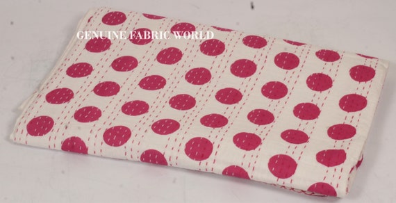 Pink Polka Dot Kantha Quilt Handmade Cotton Bedspread Lightweight Quilt Modern Boho Bedding Twin Queen King