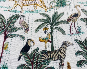 Handmade Jungle Safari Indian Kantha Quilt, Animal Block Print Cotton Blanket from Jaipur, Boho Kids Bedding with Zebra & Bird Design