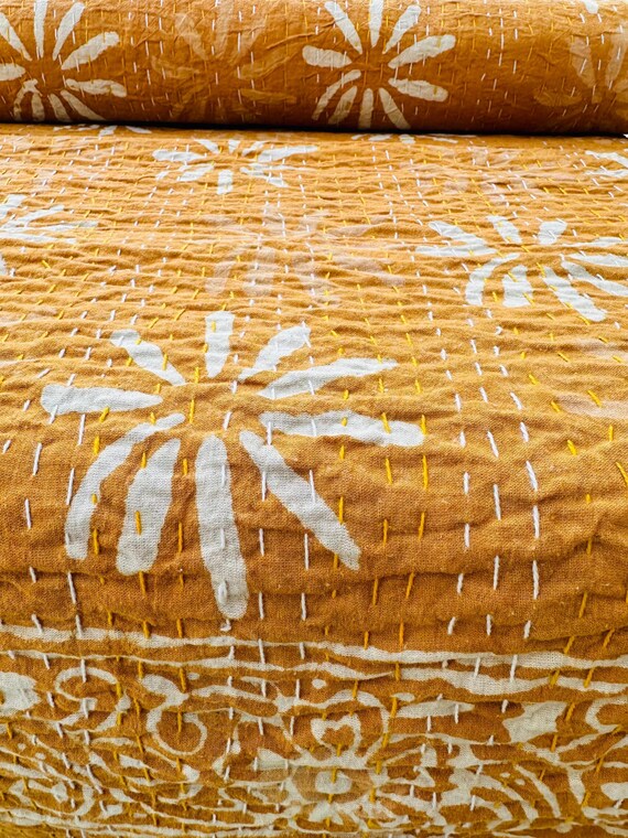 Mustard Yellow Indian Kantha Quilt | Handmade Cotton Bedspread | Floral Block Print Blanket | Reversible Boho Throw | Indian Kantha Bedding