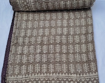 Taupe Brown Kantha Quilt Handmade Block Print Cotton Neutral Boho Bedspread