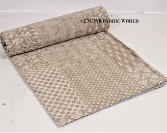 Handblock Beige Abstract Kantha Quilt Block Print Handmade Cotton Bedspread Indian Throw Blanket Patchwork Style Reversible Jaipur