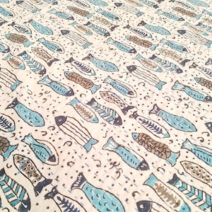 Blue Fish Kantha Quilt: Hand-Stitched Cotton Throw Blanket