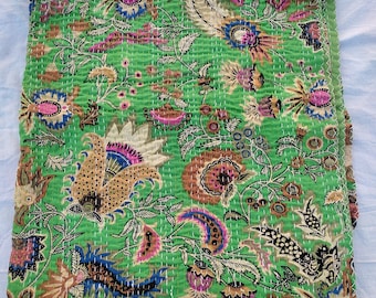 Green Multicolor Kantha Quilt, Handmade Cotton Block Print Bedspread, Indian Floral Kantha Blanket, Boho Bedding Throw, Made in Jaipur India
