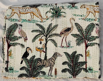 Jungle Animal Safari Design | Handmade Kantha Quilt Cotton Bedspread Lightweight Boho Bedding
