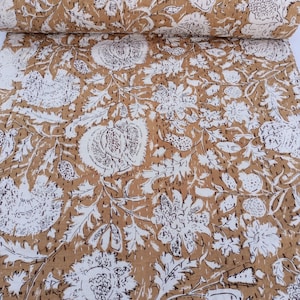 Floral Indian Kantha Quilt, Brown Handmade Indian Block Print Blanket, Cotton Bedspread, Boho Bedding Twin Queen Handmade Indian Quilt Throw