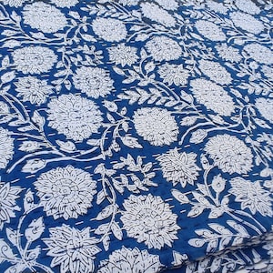 Blue Floral Kantha Quilt Indigo Blue Kantha Quilt, Handmade Floral Block Print Blanket, Cotton Bedspread Throw, Indian Hand Stitched Quilt