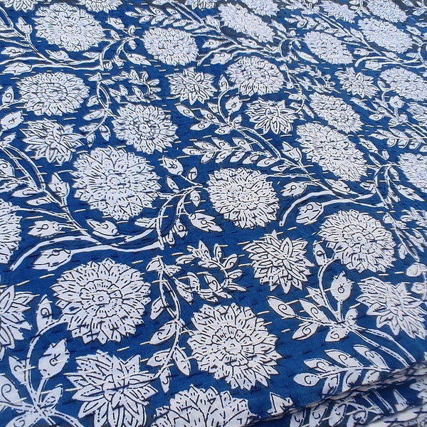 Blue White Flowers Kantha Quilt Hand Stitched cotton quilt kantha throw Blanket Bedspread Blue Quilt Blue king size blue and white quilts