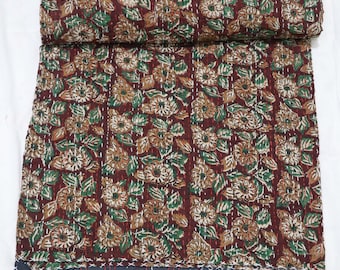 Brown Floral Block Print Kantha Quilt, Handmade Cotton Bedspread, Indian Floral Bedding Blanket, Boho Throw,