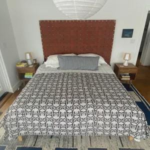 Black White Lotus Floral Kantha Quilt, Indian Cotton Block Print Bedspread, Handmade Boho Twin Queen King Bedding