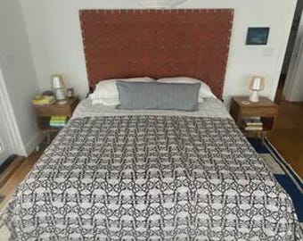 Black Floral Kantha Quilt Handmade Cotton Block Print Bedspread