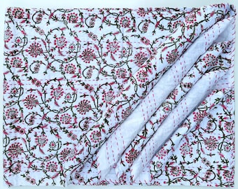 White Floral Kantha Quilt Handmade Cotton Bedspread Pink Green Block Print Boho Bedding Vintage Throw Blanket