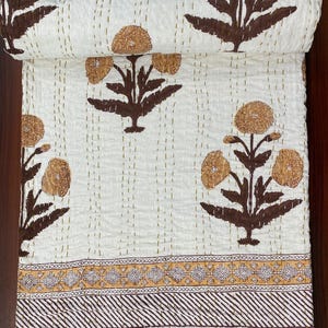 Brown Floral Indian Block Print Kantha Quilt | Hand Block Print Cotton Blanket | Indian Vintage Bedspread Throw | Lightweight Kantha Bedding